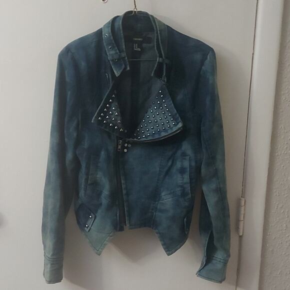 Studded Denim Moto Jacket Forever 21 M  Bikercore Festival Streetwear Rocker - Picture 3 of 11